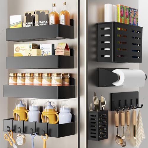 Magnetic Spice Rack for Refrigerator,8 Pack Magnetic Shelf,Fridge Magnet Organizer with Paper Towel Holder,Utensils Racks,Hook Rack,Deepened Basket,Fridge Organizers and Storage Black(8 Pack) - color: Black, size: 8 Pack