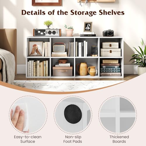NAFORT 8-Cube Bookcase, 3-Tier Cubby Storage Organizer with 2 Anti-Tipping Kits, Vertical/Horizontal Display Shelf for Living Room, Bedroom, Study, Office, 48" W×11.5" D×24" H, White