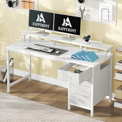 47" Computer Desk with Power Outlets and LED Lights, White | Gaming Desk with Drawers and Monitor Stand, Reversible Home Office Desk for Working Writing Study