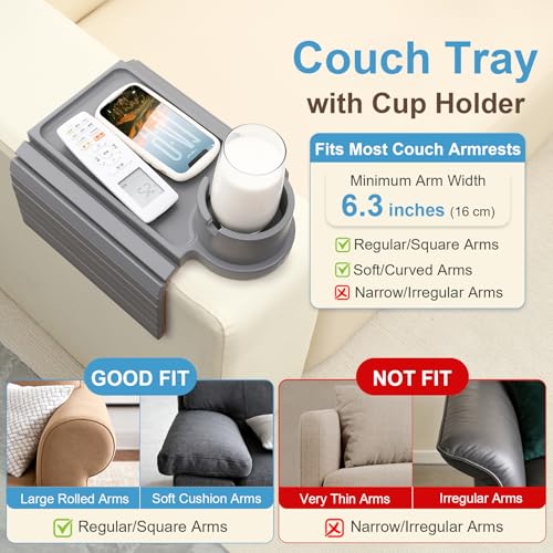 Couch Cup Holder - 3 in 1 Couch Arm Table Tray with 360° Rotating Cup Holder for Couch,Anti-Slip Arm Chair Rest Table for Large Wide Sofa Armrest, Foldable Side Table for Drinks Snacks - color: Gray
