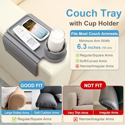 Couch Cup Holder - 3 in 1 Couch Arm Table Tray with 360° Rotating Cup Holder for Couch,Anti-Slip Arm Chair Rest Table for Large Wide Sofa Armrest, Foldable Side Table for Drinks Snacks - color: Gray
