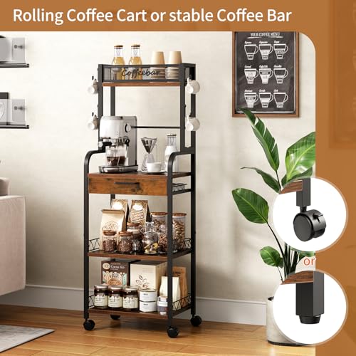 HavenlyYouth Coffee Station Organizer - 5 Tier Coffee Bar Cart with Wheels and Storage, Pod Drawers and 4 Hooks for k Cup Organizer, Tea Bar, Living Room, Kitchen,Office