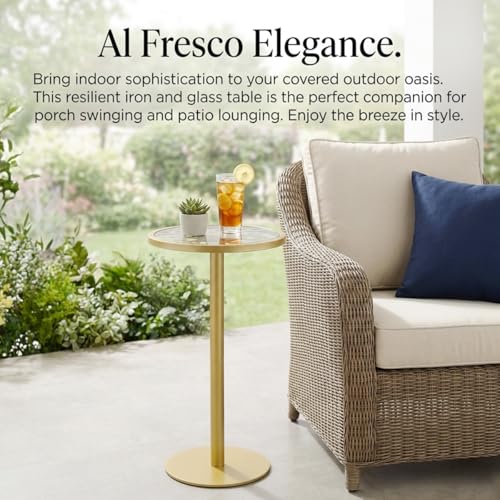 Gold Drink Table, Indoor Outdoor Small Round Side Table with Tempered Glass Top & Scroll Design, 24.7" Metal Pedestal End Table for Living Room, Patio, Small Spaces, Weather Resistant - color: Gold