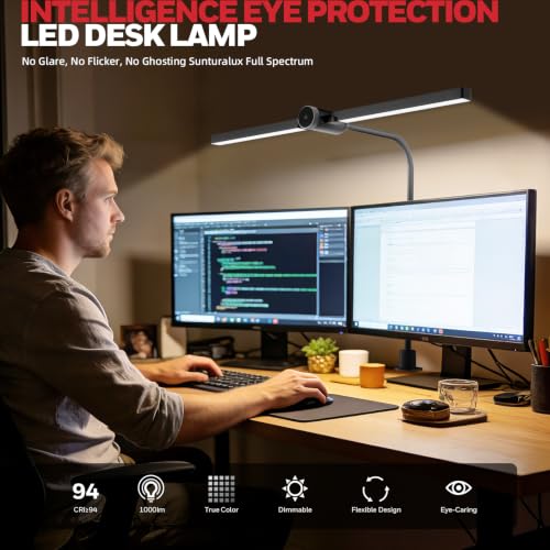 Honeywell HJ4 Desk Lamp with Clamp, Sunturalux™ Desk Lamps for Home Office | Dual-head Black LED clamp desk lamp with flexible gooseneck, stepless dimming, 4 color temps, CRI 94, RG0 eye care. - color: Black