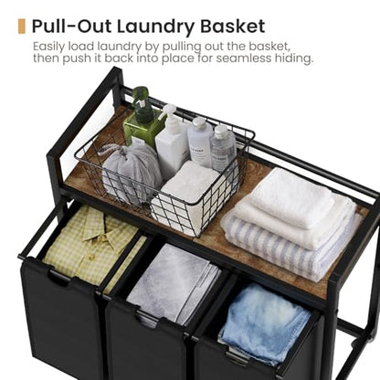 SwaaVee Laundry Sorter, Laundry Hamper 3 Section, 3×11.4Gal, Metal Frame Rolling Laundry Basket with Wooden Top Shelf, Pull out and Removable Laundry Bags, 3 Bags-Black - color: Black