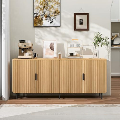 65" Fluted Sideboard Buffet Cabinet with Storage, Console Cabinet with 4 Doors & Adjustable Shelves, Modern Buffet Table for Kitchen Dining Living Room Hallway‌ Entryway, Natural - color: Natural