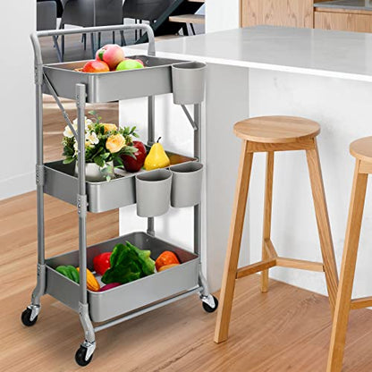 Foldable 3 Tier Metal Utility Rolling Cart, Folding Mobile Multi-Function Storage Trolley Organizer Cart for Home Library Office(Grey) - color: Gray