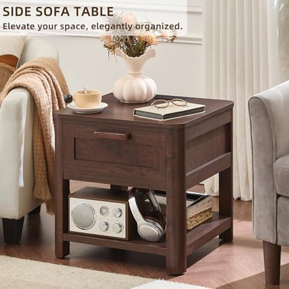 Joaxswe Farmhouse Side Tables Living Room, Small Nightstand with 1 Drawers & Open Shelving & 4 Thickened Table Legs, Walnut - color: Walnut, size: Single