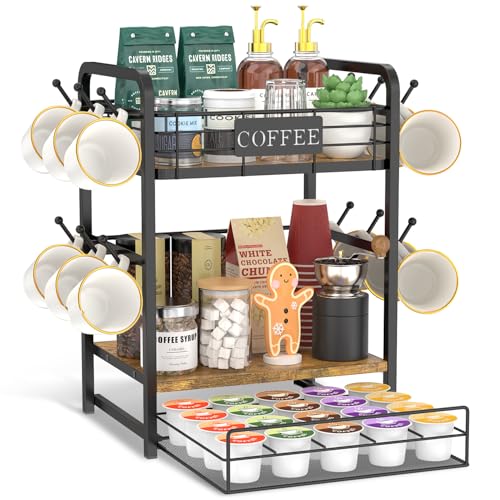 EsLuker.ly Coffee Bar Organizer Station Shelf Mug Holder, 3 Tier Coffee Cup Stand Rack for Countertop with 12 Hooks, K Cup Pod Organizer Drawer for Home Office, Keeps Essentials Tidy & Accessible - color: Wood Brown+Black