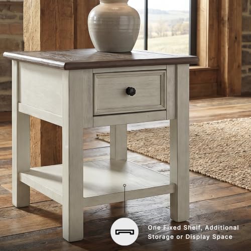 Signature Design by Ashley Bolanburg End Table for Living Room, Two-Tone Distressed Wood Side Table with Smooth-Gliding Drawer, Farmhouse Plank-Style Top, Ideal Night Stand Use, Antique White/Oak - color: Whitewash