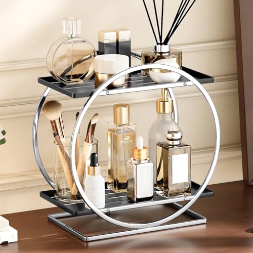 Bathroom Counter Organizer, Silver Black Perfume Organizer for Dresser, 2-Tier Bathroom Organizers and Storage, Exquisite Makeup Organizer Countertop Vanity Tray for Perfume Cosmetic Skincare - color: Silver Black