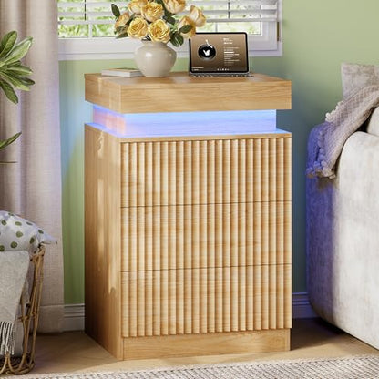 Xixini Nightstand with Charging Station and RGB LED Lights, Fluted 3-Drawer Bedside Table with Sliding Top, Wooden End Table for Bedroom, Living Room, Oak - color: Oak