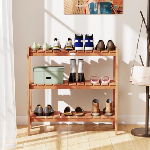 Giantex 3-Tier Plant Stand Indoor, Solid Wood Flower Pot Display Rack w/ Slatted Shelves, Take Oil Finish Bookshelf Shoe Rack, Indoor Outdoor Storage Shelf for Patio Garden Balcony Home Living Room Entryway - size: 13" x 36" x 35"