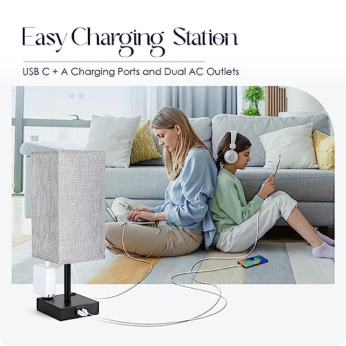 Bedside Table Lamps Set of 2 - Touch Nightstand Lamp for Bedroom with USB C+A Charging Ports & AC Outlets, 3-Way Dimmable Desk Lamp Grey Fabric Shade for Bedroom Living Room, Office(Bulb Included) - color: Gray