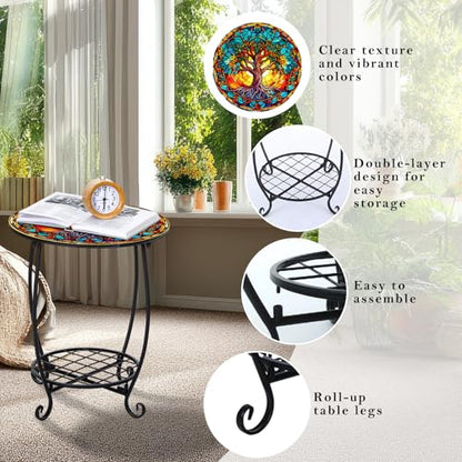 Cinnvoice Outdoor Side Table Round Small Mosaic Patio Accent Indoor End Plant Coffee Tea Table for Yard Patio Porch Garden Living Room, Bedroom(Tree of Life Style,16 Inch) - size: 16 Inch, style: Tree of Life Style