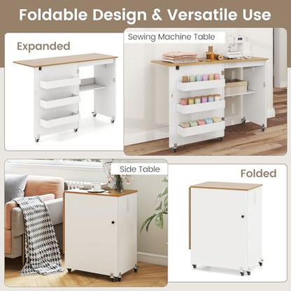 DREAMADE Folding Sewing Table with Storage, Craft Table w/Charging Station, 5 Lockable Wheels, Storage Bins & Shelf, Sewing Machine Desk for Home Office, Apartment, Studio (White & Natural) - color: White & Natural