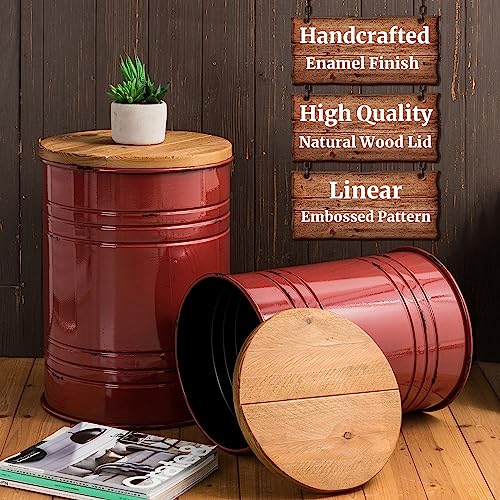 Glitzhome Rustic End Table Set of 2, Farmhouse Galvanized Metal Barrel Ottoman Storage Stool with Round Wood Lid for Living Room Furniture, Red - color: Red