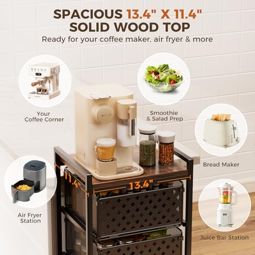 5 Tier Kitchen Storage Cart with Wheels, Utility Fruit Vegetable Storage Rack Stand with Pull-Out Baskets & Wood Top, Metal 4-Drawers Rolling Snack Cart, Kitchen Cart for Potato Onion(Black) - color: Black