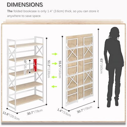4NM Extra Wide 5 Tiers No Assembly Book Shelves, 51.2" H Folding Bookshelf Bookcase Open Industrial Foldable Shelves for Bedroom, Living Room, Home Office - Natural White - color: Natural White, size: Wide XX 5-Tier