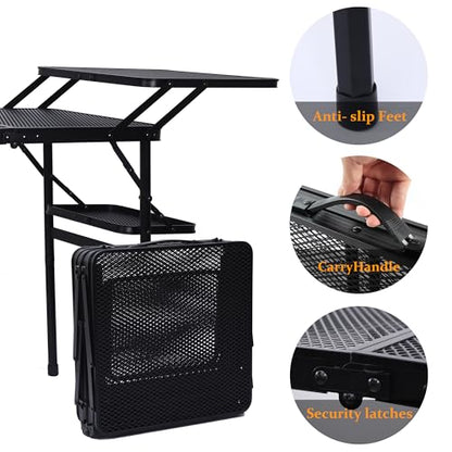 Nice C Camping Metal Table, Compact Outdoor Folding Tailgate Grill Table | Lightweight Fold-Up, 4 Side Tables, Mesh Net, BBQ, Camping, Picnic
