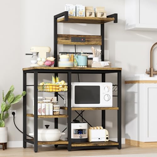 Recaceik Bakers Rack Kitchen Storage Rack with Power Outlet Microwave Stand Coffee Bar Station with 5 S-Hooks Freestanding Kitchen Shelves for Spices, Pots and Pans, Rustic Brown