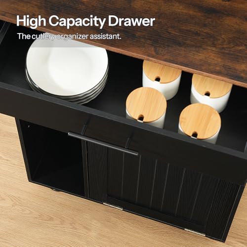 HOOBRO Kitchen Island with Trash Can Storage, Rolling Kitchen Island on Wheels, Mobile Island Cart with Power Outlet, Islands Table for 10 Gallon Garbage Bin, Rustic Brown and Black BF80UZD01G1 - color: Rustic Brown + Black