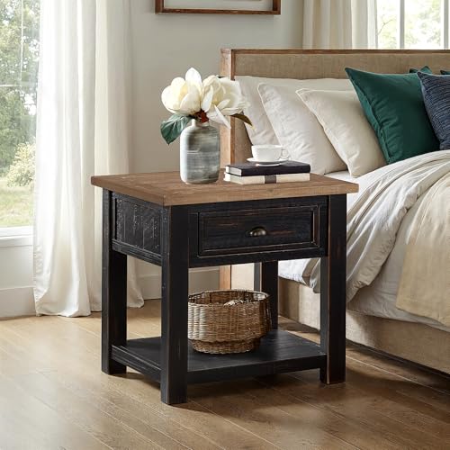 Monterey Farmhouse Rustic End Table, Solid Pine Wood Coastal Side Table with Drawer and Shelf. Black and Driftwood. | Farmhouse Rustic, Coastal Side Table, Drawer and Storage Shelf - color: Black and Driftwood