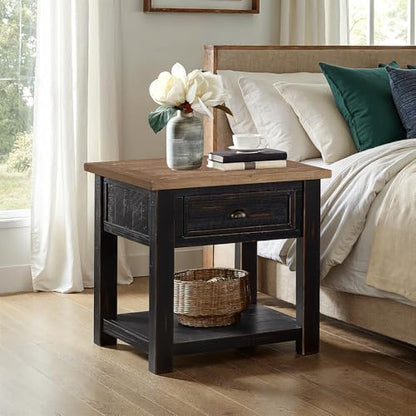 Monterey Farmhouse Rustic End Table, Solid Pine Wood Coastal Side Table with Drawer and Shelf. Black and Driftwood. | Farmhouse Rustic, Coastal Side Table, Drawer and Storage Shelf - color: Black and Driftwood
