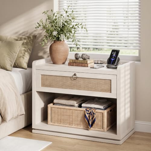 31" Wide Rattan Nightstand with Charging Station, End Side Table | Drawer & Open Shelf, Extra Large Night Stand, Farmhouse, Boho, Wood Bedside Table for Bedroom,Living Room,Office - color: White Cream Oak