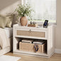 31" Wide Rattan Nightstand with Charging Station, End Side Table | Drawer & Open Shelf, Extra Large Night Stand, Farmhouse, Boho, Wood Bedside Table for Bedroom,Living Room,Office - color: White Cream Oak