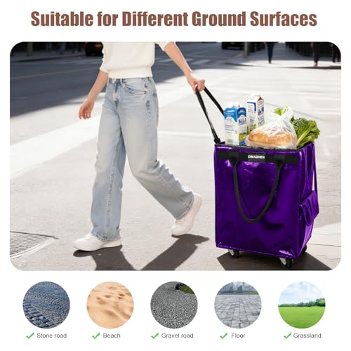 Reusable Grocery Bag Tote Bag with Wheels, Foldable Rolling Tote Bag with 3 Handles and Zipper - color: Purple, size: Medium