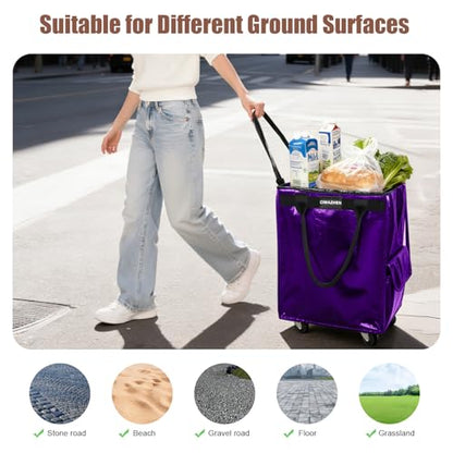 Reusable Grocery Bag Tote Bag with Wheels, Foldable Rolling Tote Bag with 3 Handles and Zipper - color: Purple, size: Medium
