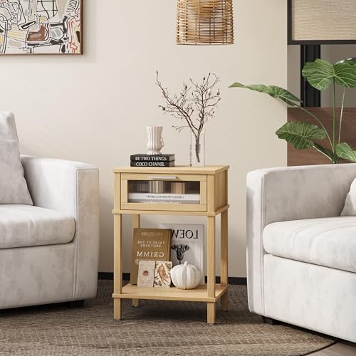 Nightstand Wooden Bedside Table with Drawer Natural Wood Night Stands Modern Style Small End Table Side Table with Storage Shelf for Bedroom Living Room MLBZ10YEV - color: Natural