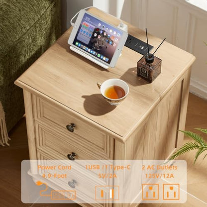RWYHG 18" Nightstands Set of 2 with Charging Station & 3 Drawers | Farmhouse Modern Night Stand, Bedside Table with Metal Handle, Bed Side End Tables for Bedroom Living Room (Natural) - color: Natural, size: 18"D x 18"W x 24"H (3 Drawers)