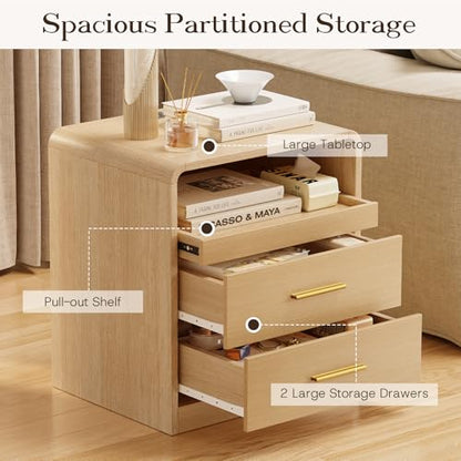 20” Wide Modern Nightstand with Charging Station,2 Drawer End Table with Pull-Out Shelf,Curved Profile Design,Wood Side Table for Bedroom
