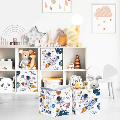 Clastyle 3 pcs 11.8'' Outer Space Storage Basket for Shelves with Metal Frame Large Rocket Astronaut Clothes Toy Book Cube Bin for Bedroom Playroom,White - color: Rocket Astronaut