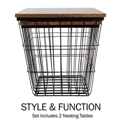 Lavish Home End Tables - Square Nesting Tables Set of 2, Brown Woodgrain | 15.75”/14.5” Side Tables with Removable Wood Tops & Metal Basket Bases for Blanket Storage, Living Room, Bedroom, Home Office - color: Brown Square 2