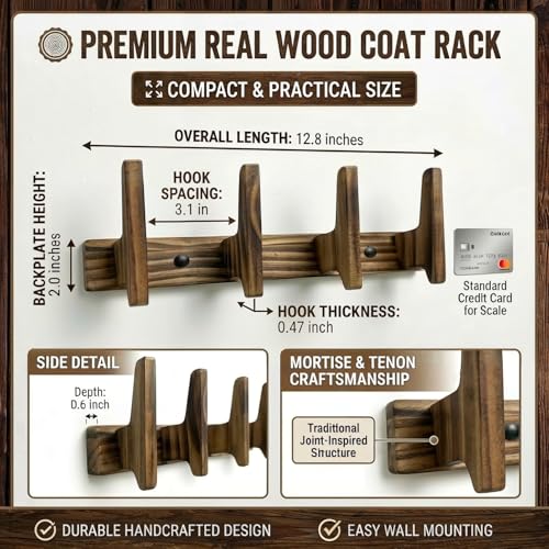 Coat Rack Wall Mount, 12 Inch Rustic Wood Wall Hooks for Hanging, Mortise and Tenon Coat Hooks, Wall Hooks for Coats, Hat Rack, Bag Hanger, Key Holder, Towel Rack for Bathroom (Brown)