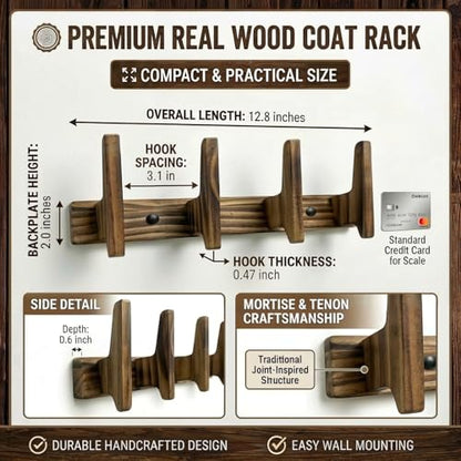 Coat Rack Wall Mount, 12 Inch Rustic Wood Wall Hooks for Hanging, Mortise and Tenon Coat Hooks, Wall Hooks for Coats, Hat Rack, Bag Hanger, Key Holder, Towel Rack for Bathroom (Brown)