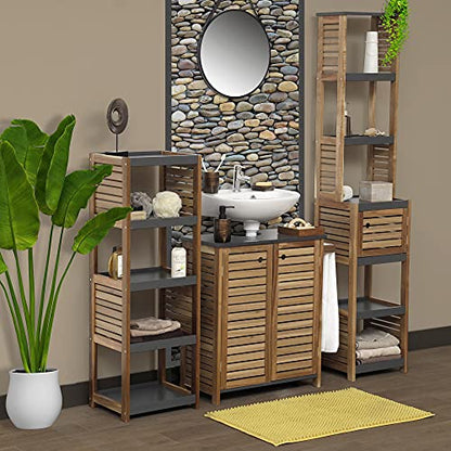Brown-Gray Small Open-Shelf Storage Unit, 4-Tier, Vented, Freestanding | Space-Saving, Vented Design, MDF/Acacia Material, Compact Freestanding Unit, 4-Tier Open Shelves, Bathroom