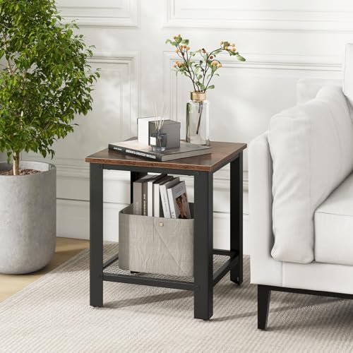 Giantex 2-Tier End Table Set of 2, 16 Inch Small Side Table w/Mesh Storage Shelf, Industrial Telephone Table with Heavy-Duty Metal Frame, Square Sofa Table for Small Space Living Room, Rustic Brown