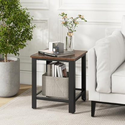Giantex 2-Tier End Table Set of 2, 16 Inch Small Side Table w/Mesh Storage Shelf, Industrial Telephone Table with Heavy-Duty Metal Frame, Square Sofa Table for Small Space Living Room, Rustic Brown