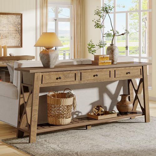 Tribesigns Console Table with 3 Storage Drawers, 70.87 Inches Extra Long Sofa Table Behind Couch with Bottom Shelf, Farmhouse Wooden Entryway Hallway Foyer Table for Living Room, Entrance (Brown) - color: Brown