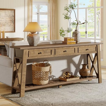Tribesigns Console Table with 3 Storage Drawers, 70.87 Inches Extra Long Sofa Table Behind Couch with Bottom Shelf, Farmhouse Wooden Entryway Hallway Foyer Table for Living Room, Entrance (Brown) - color: Brown