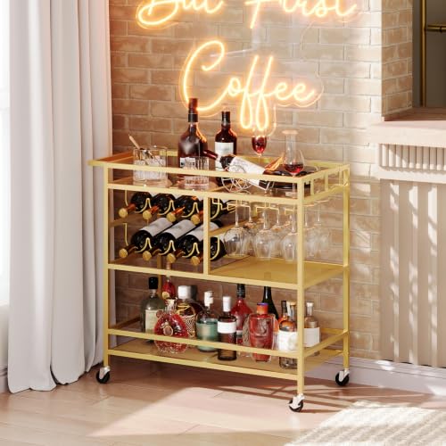 MAHANCRIS Bar Cart for Home, 3-Tier Serving Cart with Wheels and Handle, Beverage Cart with Wine Rack and Glass Holders, Rolling Wine Cart for Kitchen, Dining Room, Gold RCGD81B01 - size: 31.7''L x 15.7''W x 34.6''H