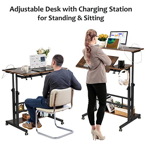 Hadulcet Mobile Standing Desk Adjustable Height, Rolling Desk Stand Up Desk, Mobile Laptop Desk, Rolling Computer Desk with Charging Station, Portable Desk with Wheels, Rustic Brown - color: Rustic Brown, size: 31.5" With Charging Station