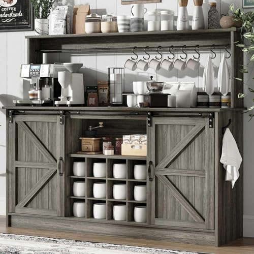 4ever2buy Farmhouse Coffee Bar Cabinet with Hutch, 55” Hutch Cabinet with Wine Rack, Gray Coffee Bar with Sliding Barn Door for Living Dining Room Kitchen, Grey - color: Grey, size: 55Inch