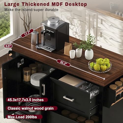 53.2" Rolling Kitchen Island with Storage, 3.5" Thick Countertop, Spice Rack, Towel Rack, Drawer & Cabinet - Mobile Kitchen Cart on Wheels for Kitchen, Dining Room, Black - color: Black