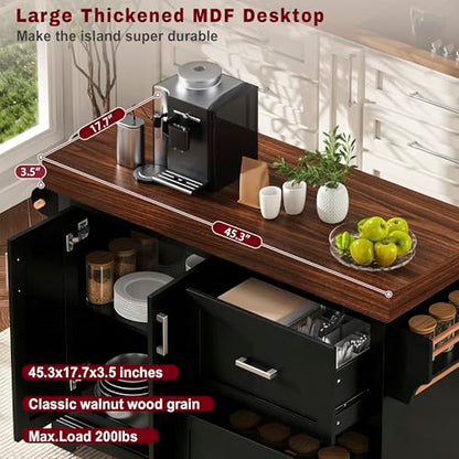 53.2" Rolling Kitchen Island with Storage, 3.5" Thick Countertop, Spice Rack, Towel Rack, Drawer & Cabinet - Mobile Kitchen Cart on Wheels for Kitchen, Dining Room, Black - color: Black
