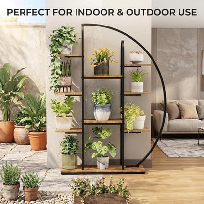 Tall Metal Plant Stand with Grow Light, 9-Tier Moon-Shaped LED Flower Rack, Multi-layer Display Holder for Living Room Balcony